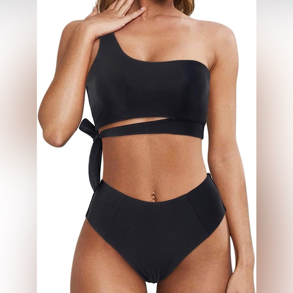 MOOSLOVER One Shoulder High Waisted Bikini Tie High Cut Two Piece Swimsuit